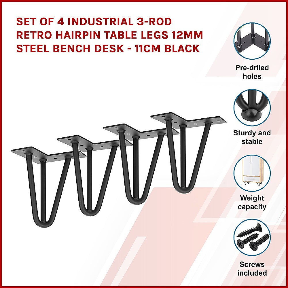 Set of 4 Industrial 3-Rod Retro Hairpin Table Legs 12mm Steel Bench Desk - 11cm Black 3
