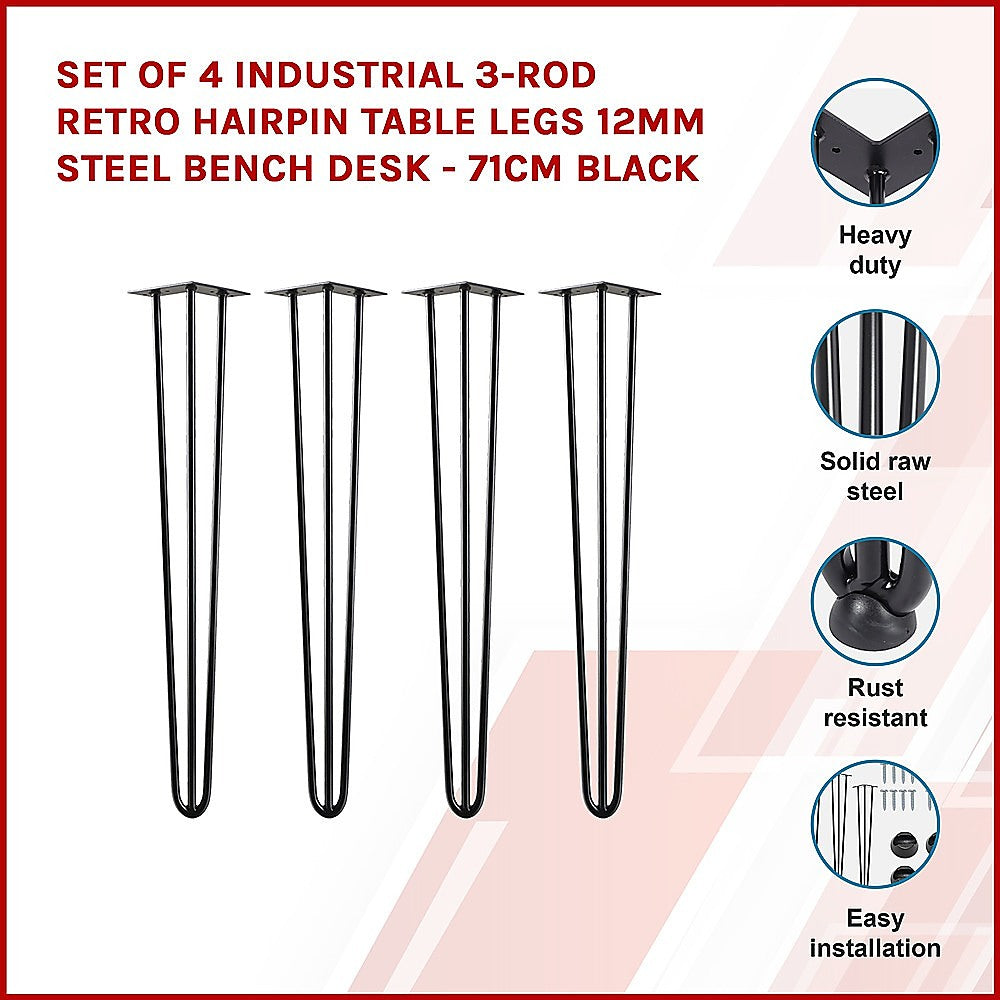Set of 4 Industrial 3-Rod Retro Hairpin Table Legs 12mm Steel Bench Desk - 71cm Black 3