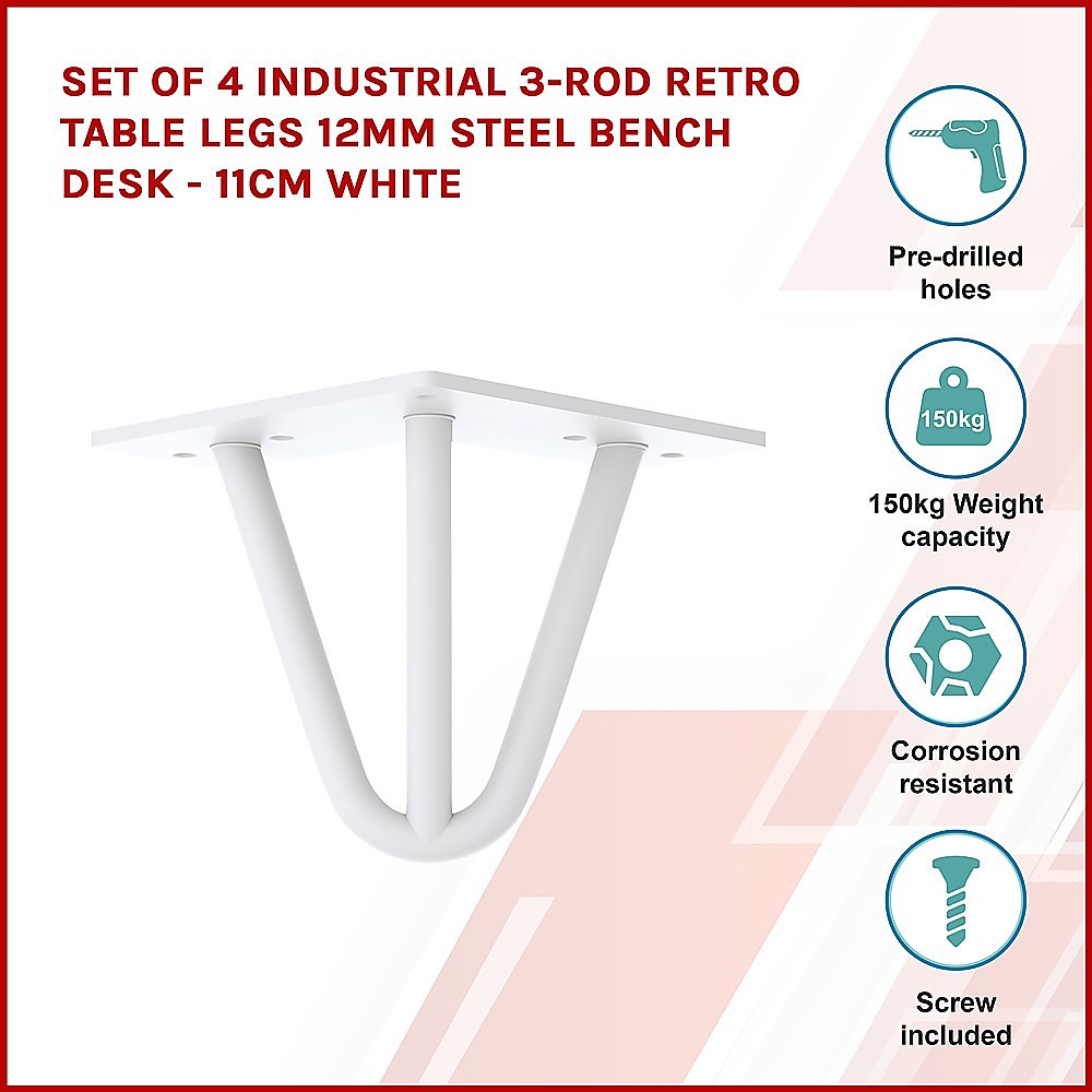 Set of 4 Industrial 3-Rod Retro Table Legs 12mm Steel Bench Desk - 11cm White 3