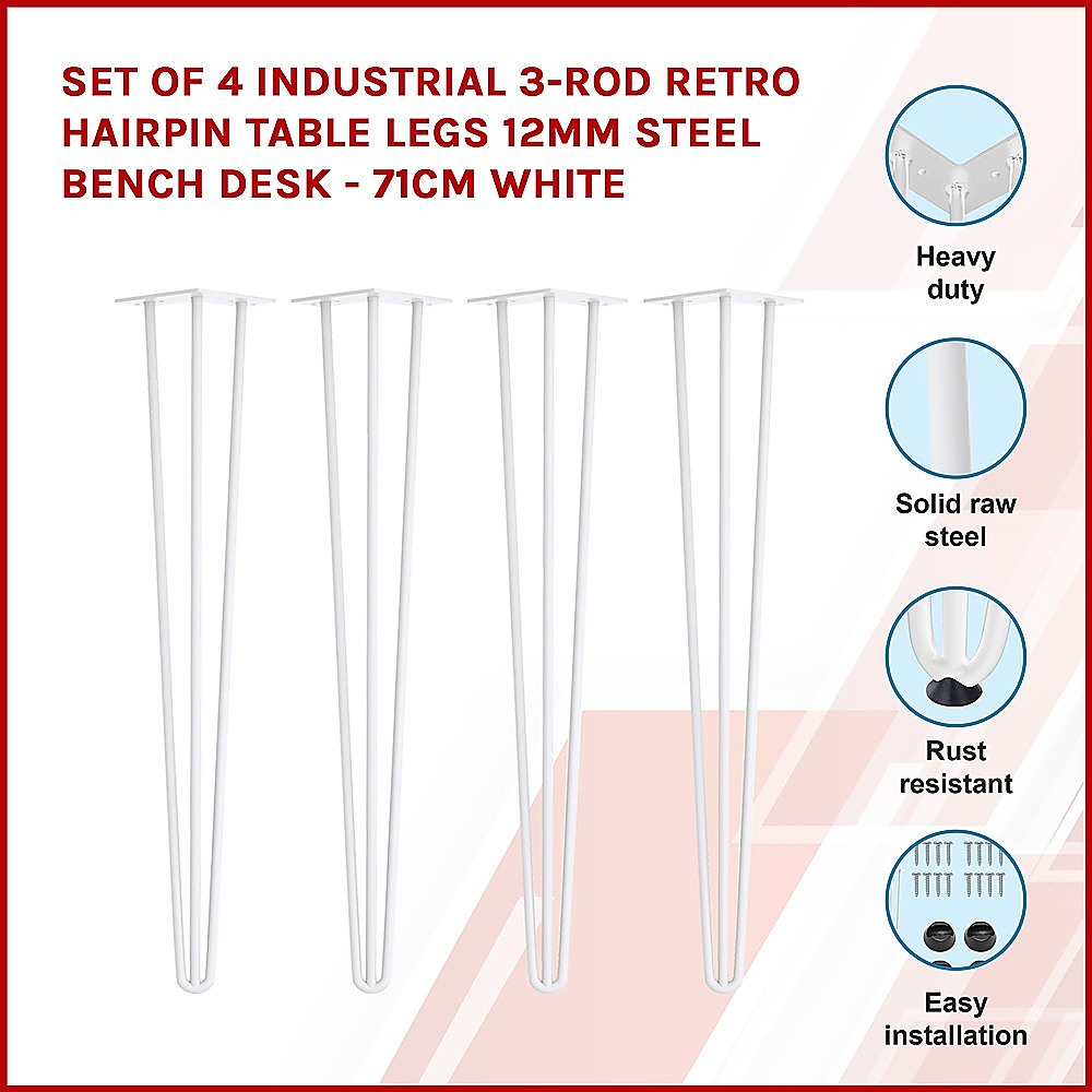 Set of 4 Industrial 3-Rod Retro Hairpin Table Legs 12mm Steel Bench Desk - 71cm White 3