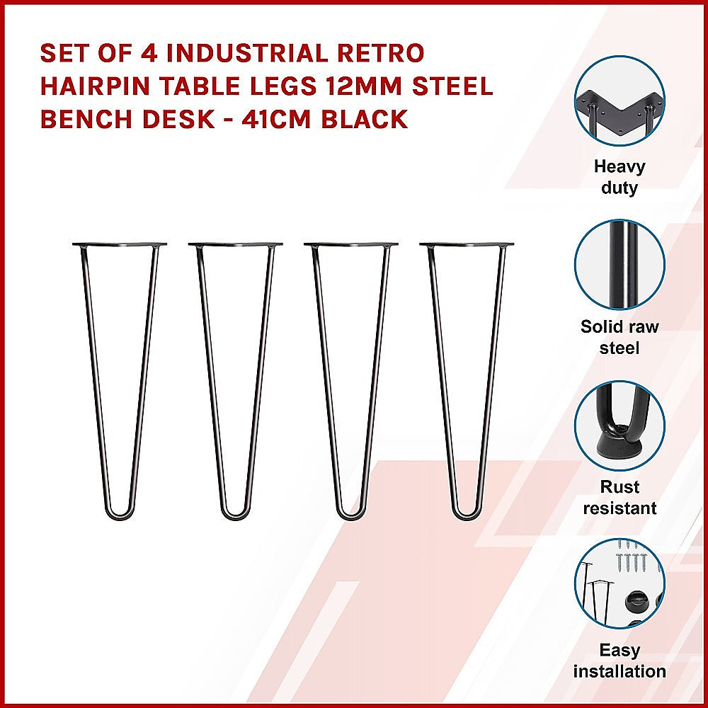 Set of 4 Industrial Retro Hairpin Table Legs 12mm Steel Bench Desk - 41cm Black 3