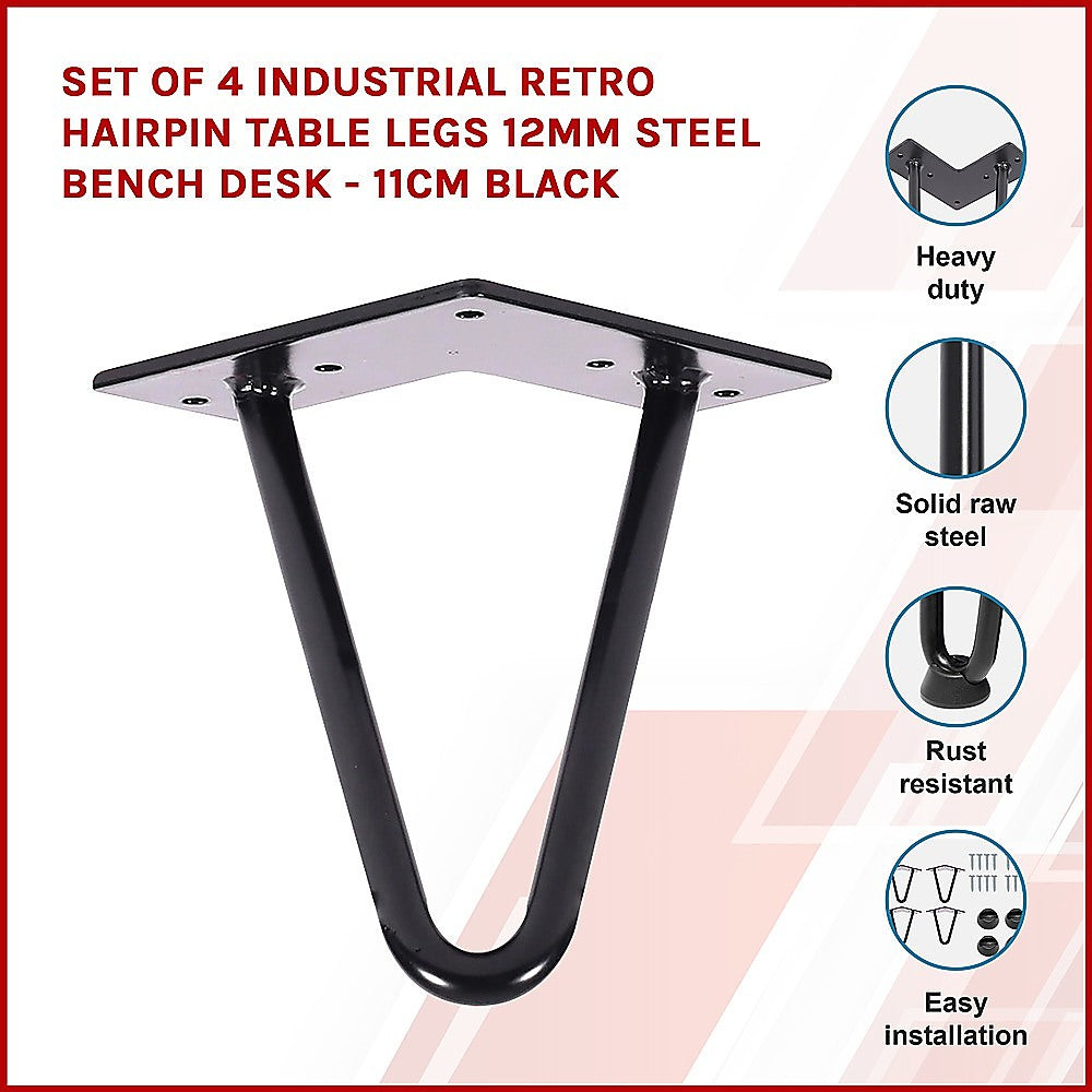 Set of 4 Industrial Retro Hairpin Table Legs 12mm Steel Bench Desk - 11cm Black 3