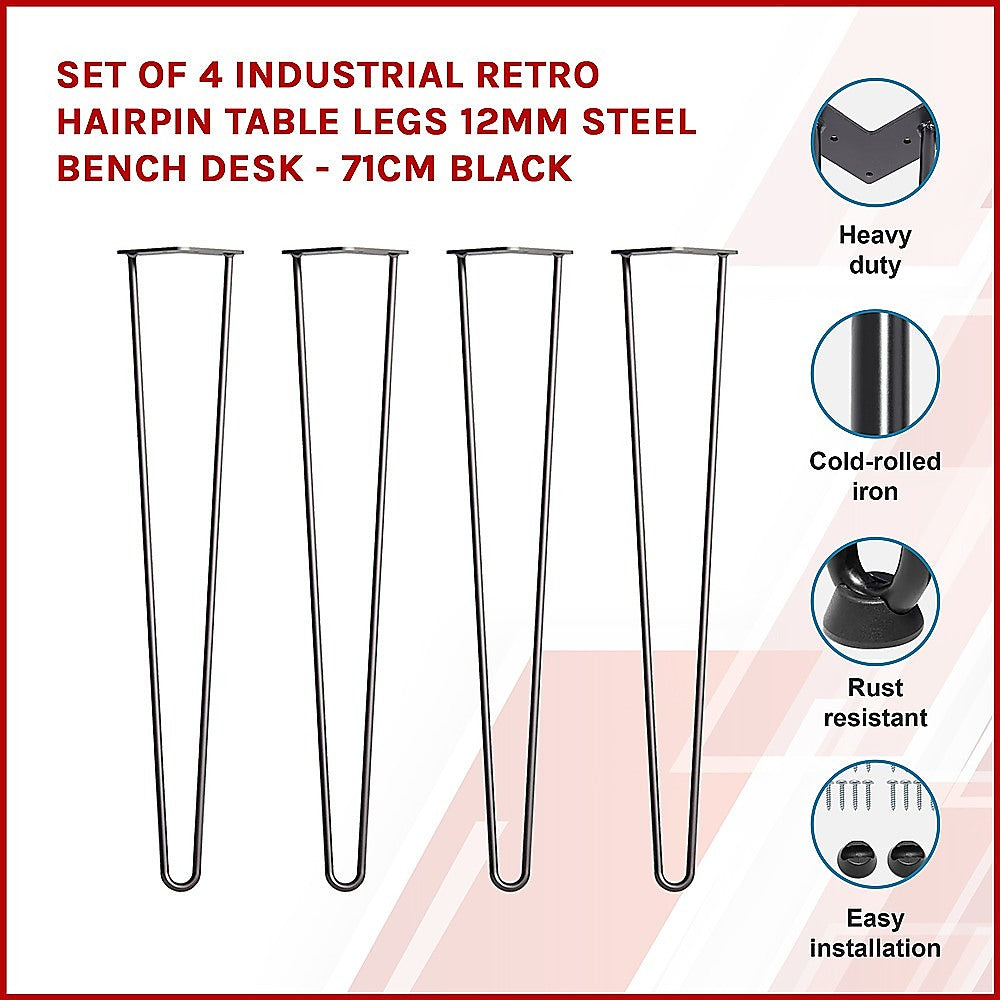 Set of 4 Industrial Retro Hairpin Table Legs 12mm Steel Bench Desk - 71cm Black 3