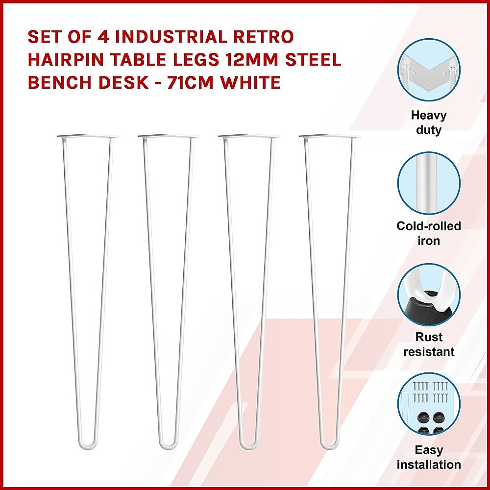Set of 4 Industrial Retro Hairpin Table Legs 12mm Steel Bench Desk - 71cm White 3