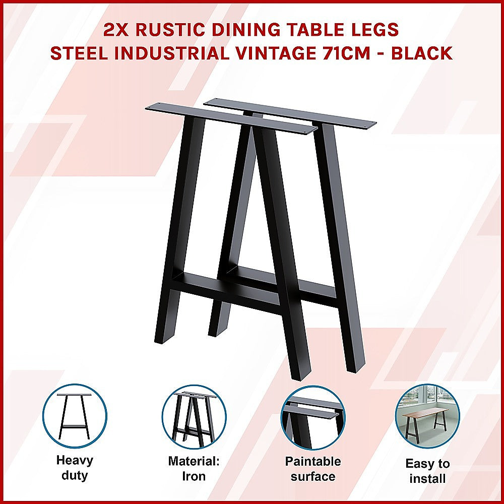 2x Rustic Dining Table Legs Steel Industrial Vintage 71cm - Black 3
