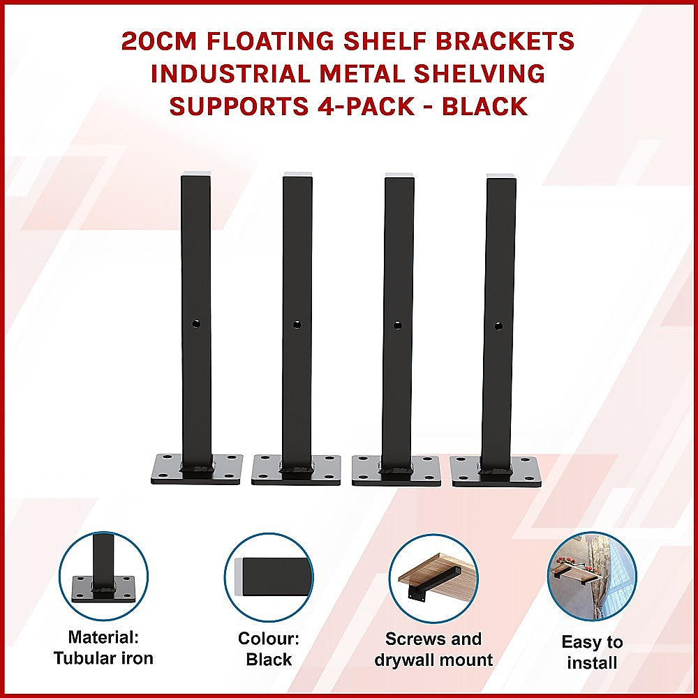 20cm Floating Shelf Brackets Industrial Metal Shelving Supports 4-Pack - Black 3