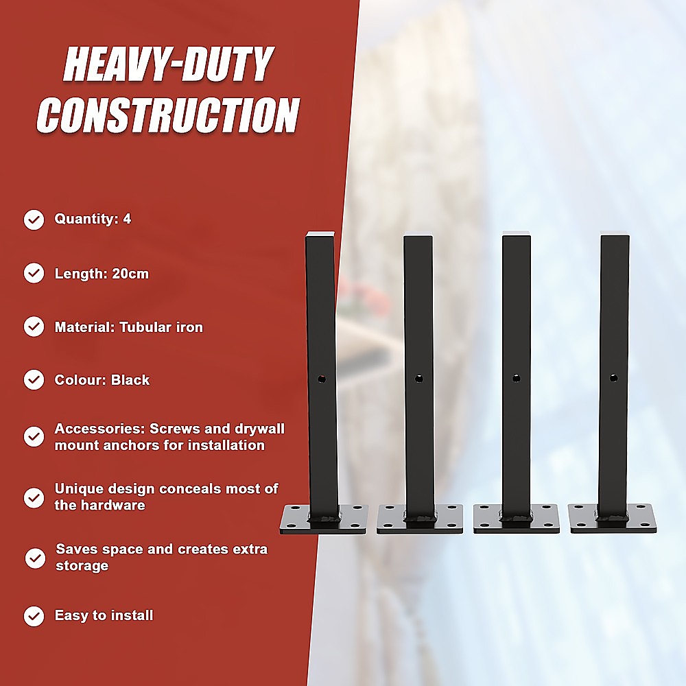 20cm Floating Shelf Brackets Industrial Metal Shelving Supports 4-Pack - Black 11