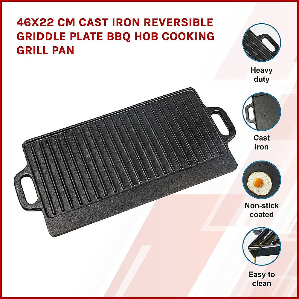 46x22 cm Cast Iron Reversible Griddle Plate BBQ Hob Cooking Grill Pan 3