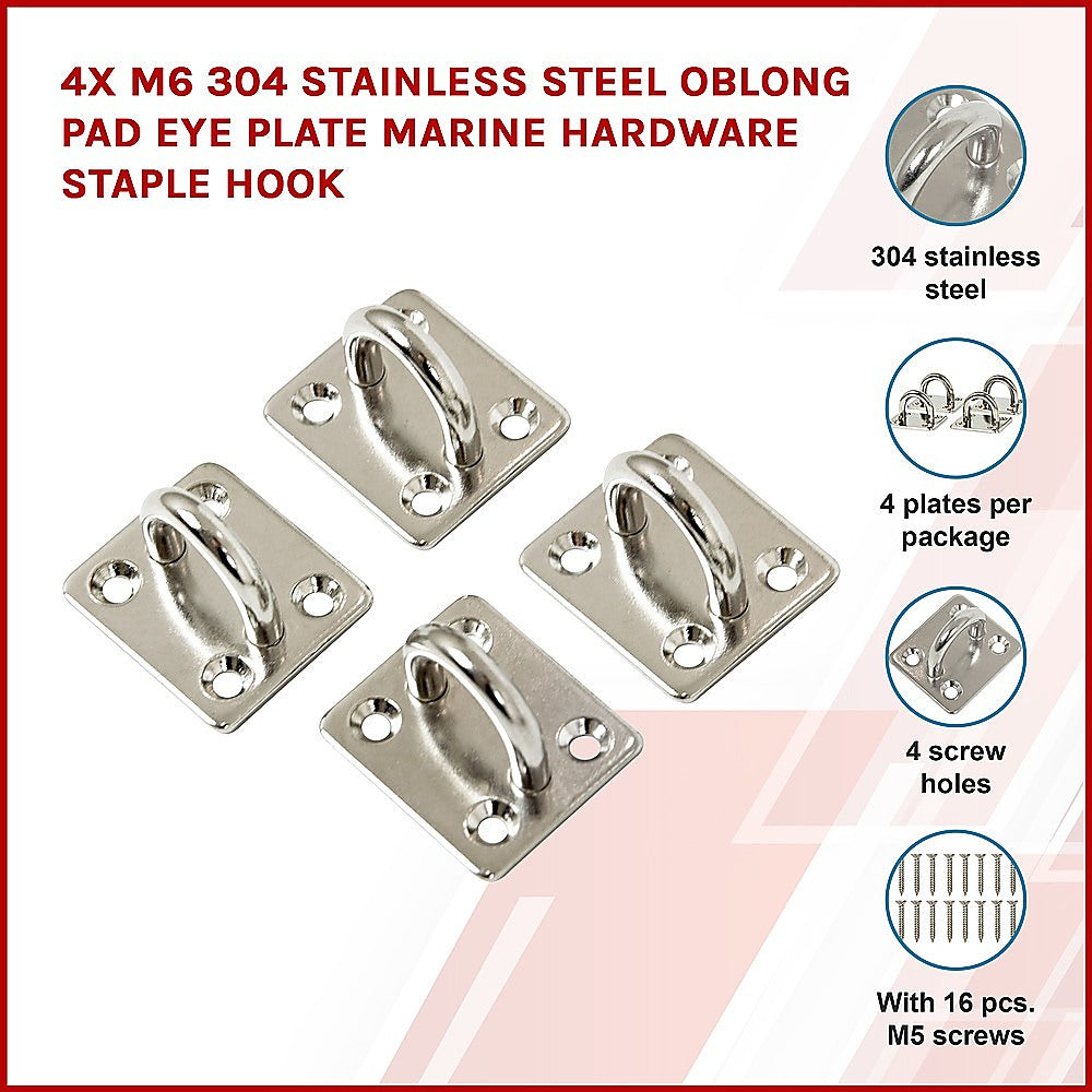 4X M6 304 Stainless Steel Oblong Pad Eye Plate Marine Hardware Staple Hook 3
