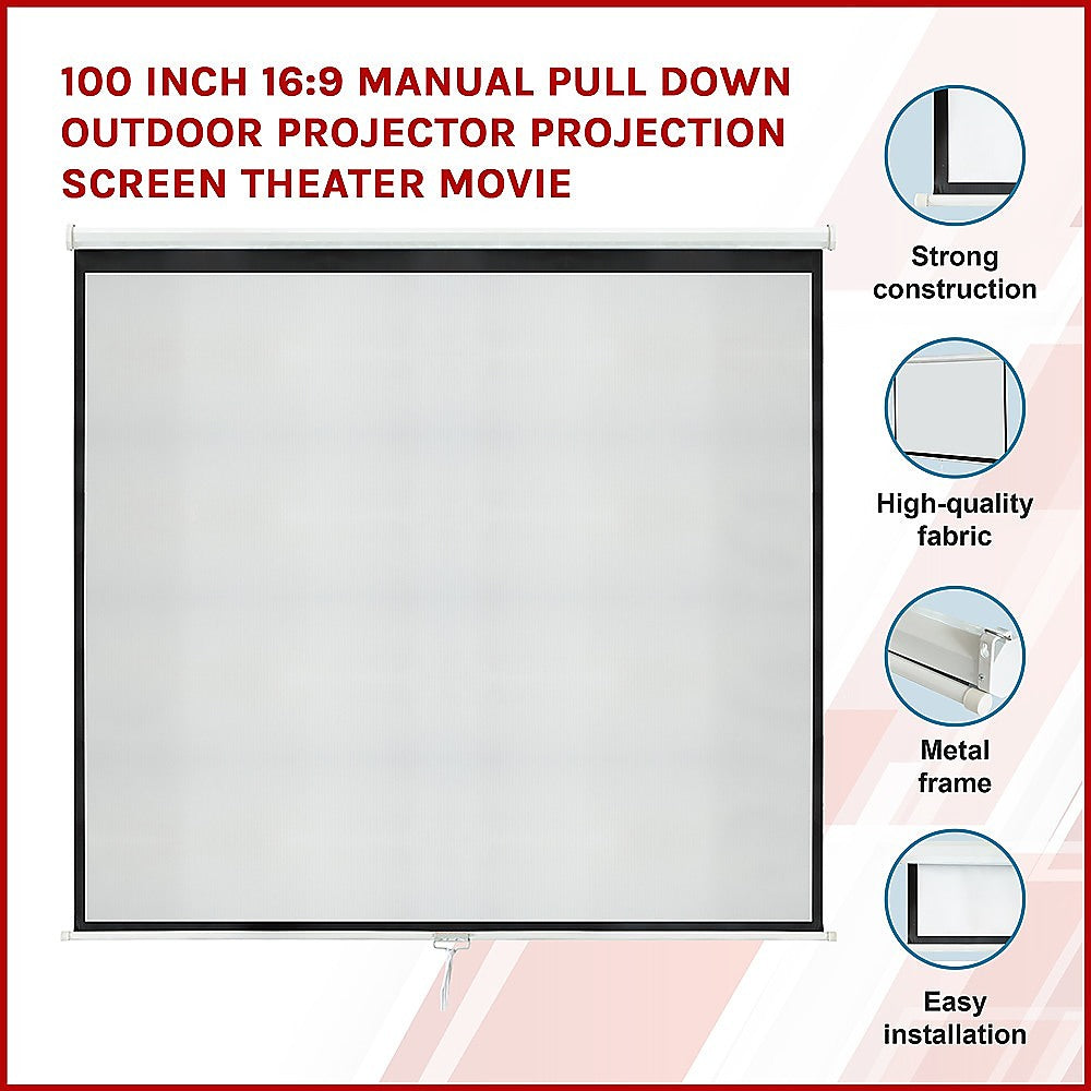 100 Inch 16:9 Manual Pull Down Outdoor Projector Projection Screen Theater Movie 3