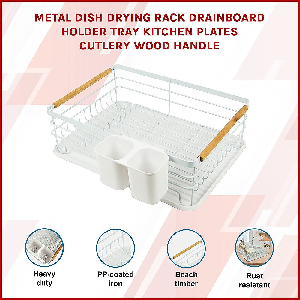 Metal Dish Drying Rack Drainboard Holder Tray Kitchen Plates Cutlery Wood Handle 3