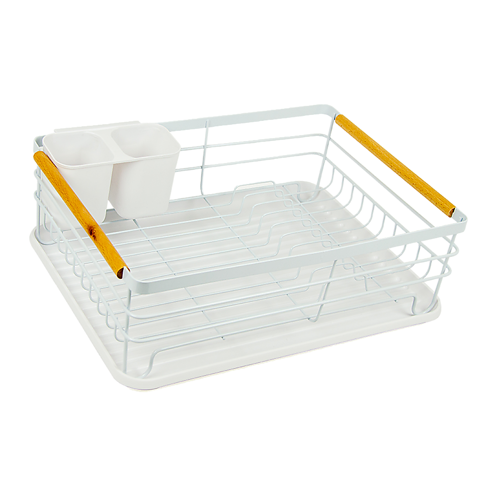 Metal Dish Drying Rack Drainboard Holder Tray Kitchen Plates Cutlery Wood Handle 4
