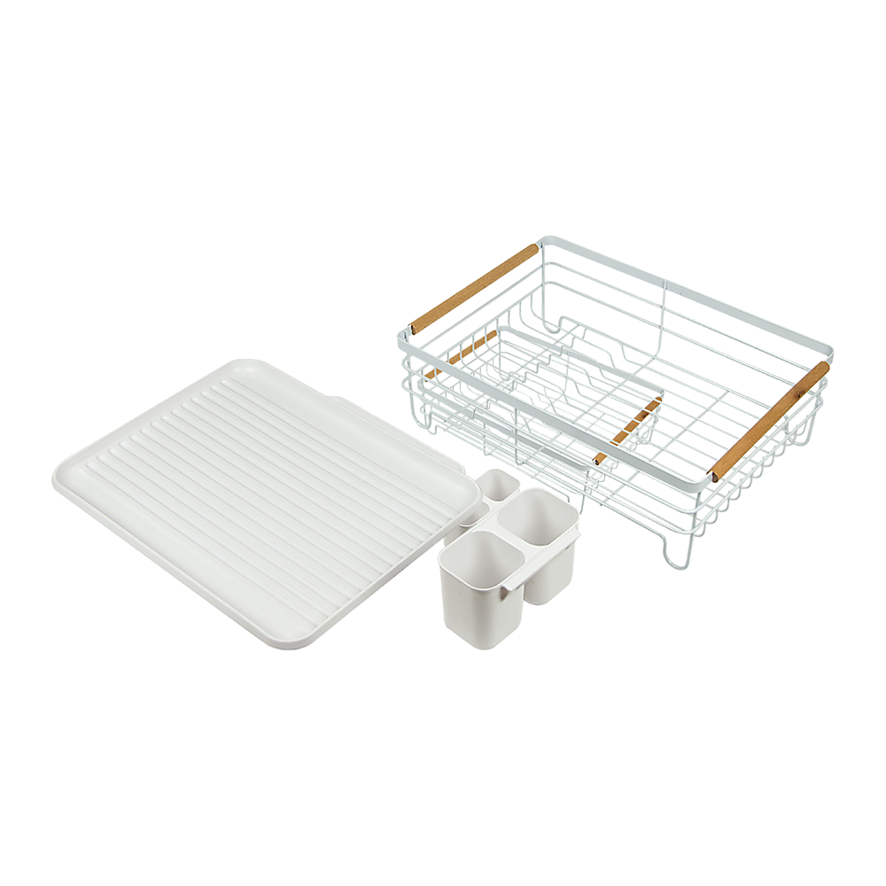 Metal Dish Drying Rack Drainboard Holder Tray Kitchen Plates Cutlery Wood Handle 6