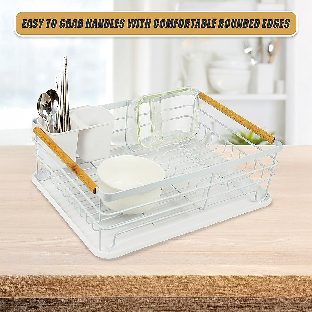 Metal Dish Drying Rack Drainboard Holder Tray Kitchen Plates Cutlery Wood Handle 8