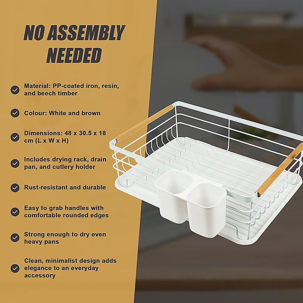 Metal Dish Drying Rack Drainboard Holder Tray Kitchen Plates Cutlery Wood Handle 9