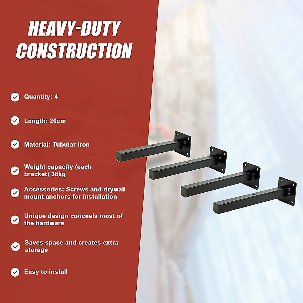 20cm Floating Shelf Brackets Industrial Metal Shelving Supports 4-Pack 12