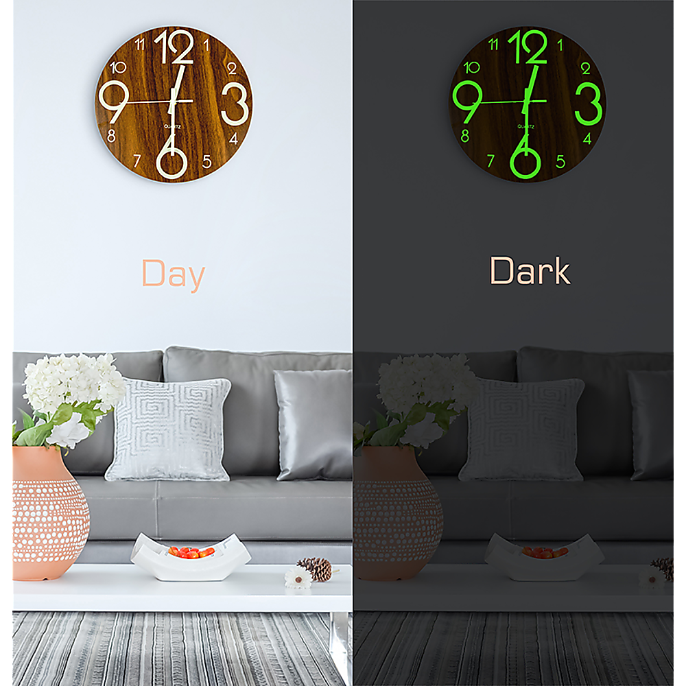 Glow In Dark Wall Clock Luminous Quartz Quiet Wooden Home Decor 30cm 5