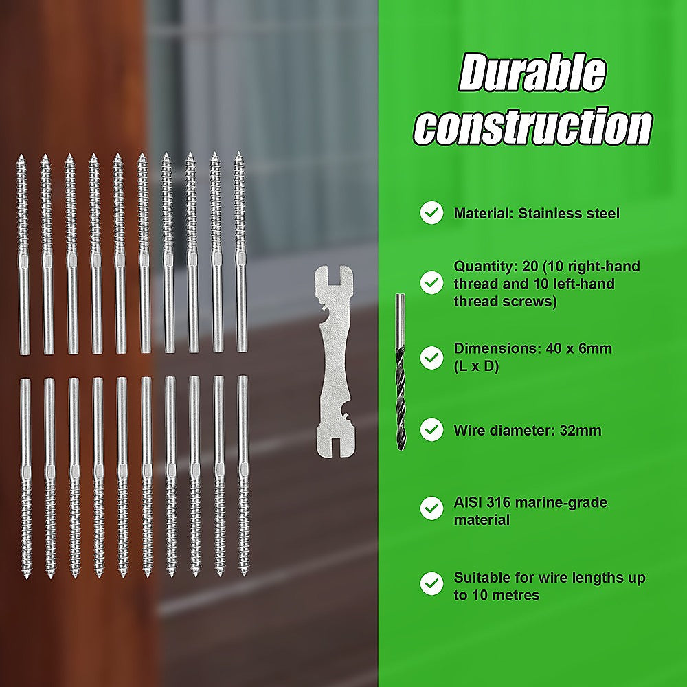 Stainless Steel DIY Rope Balustrade Kit 3.2mm Swage 2 x Lag Screw Term - 10 pack 10