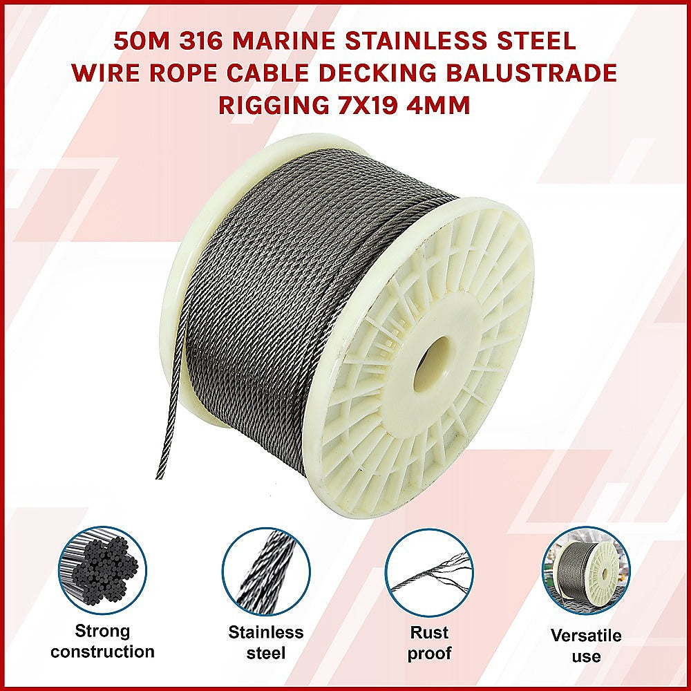 50M 316 Marine Stainless Steel Wire Rope Cable Decking Balustrade Rigging 7x19 4mm 3