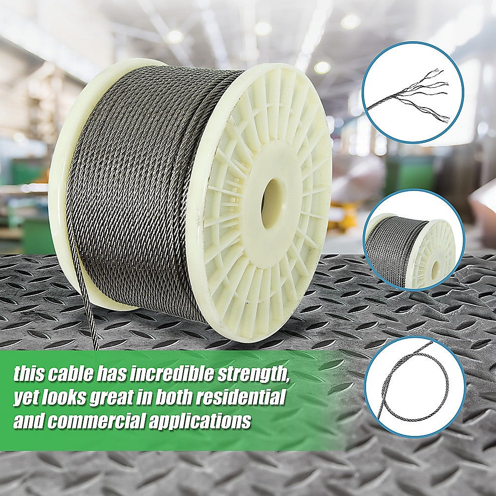 50M 316 Marine Stainless Steel Wire Rope Cable Decking Balustrade Rigging 7x19 4mm 5