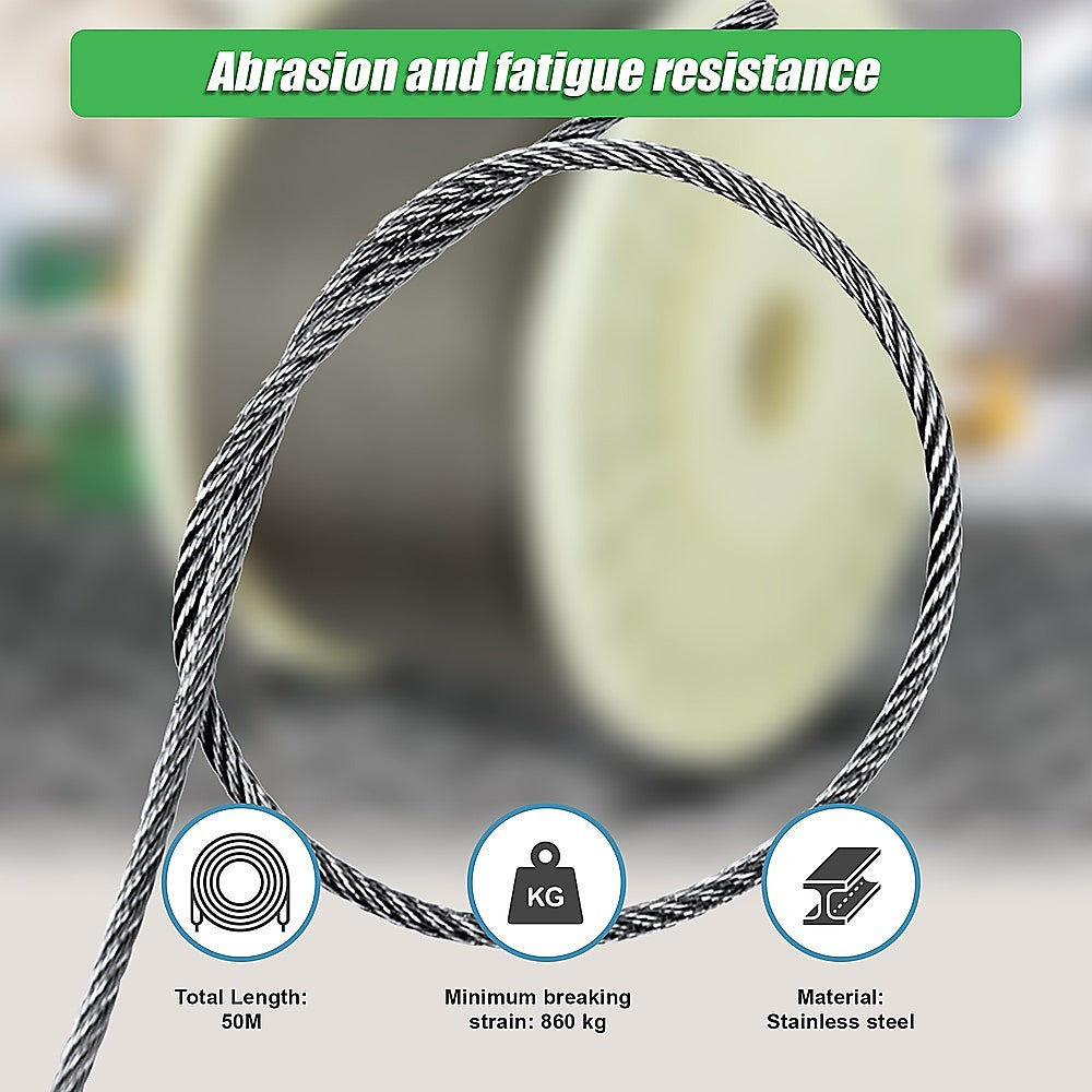50M 316 Marine Stainless Steel Wire Rope Cable Decking Balustrade Rigging 7x19 4mm 7