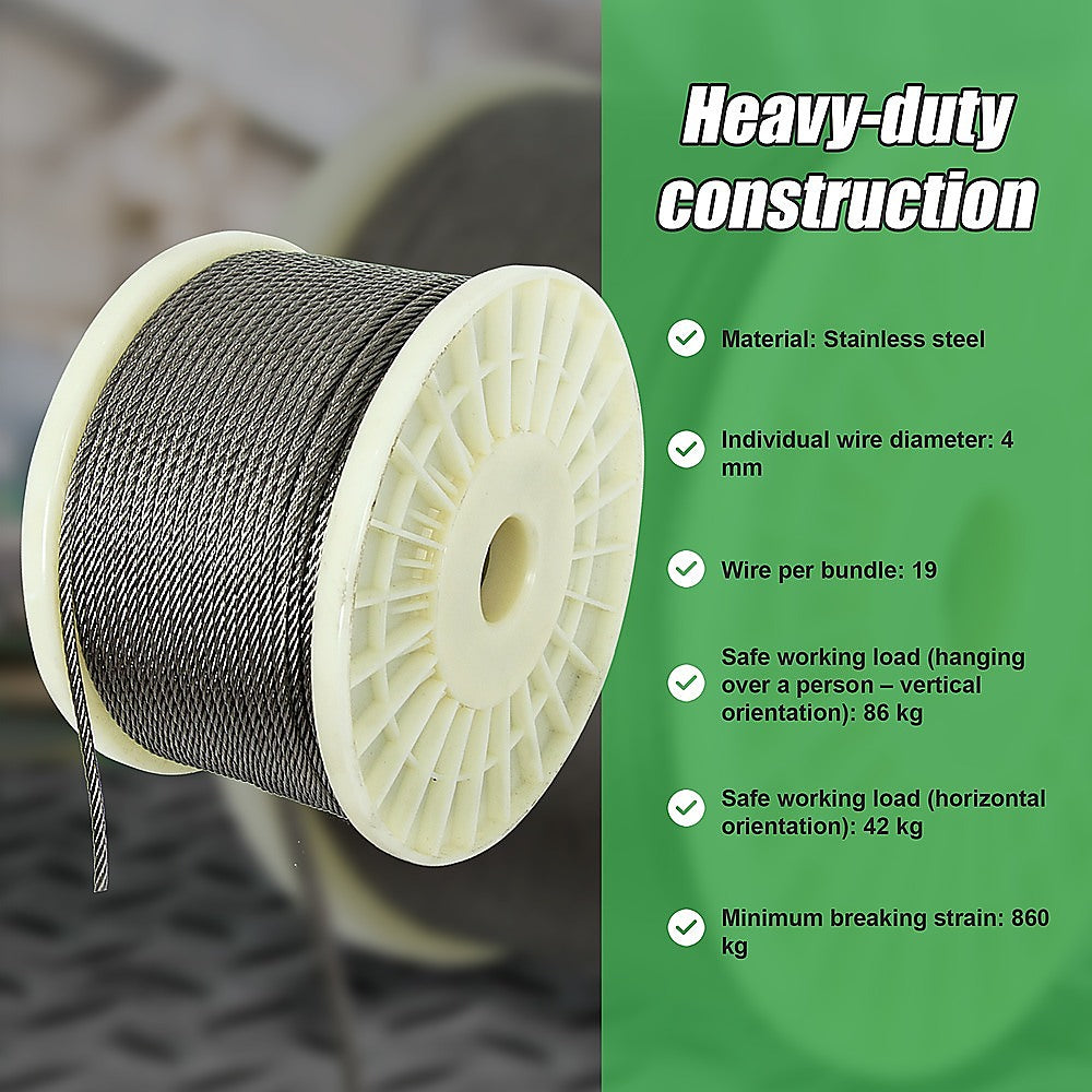 50M 316 Marine Stainless Steel Wire Rope Cable Decking Balustrade Rigging 7x19 4mm 9