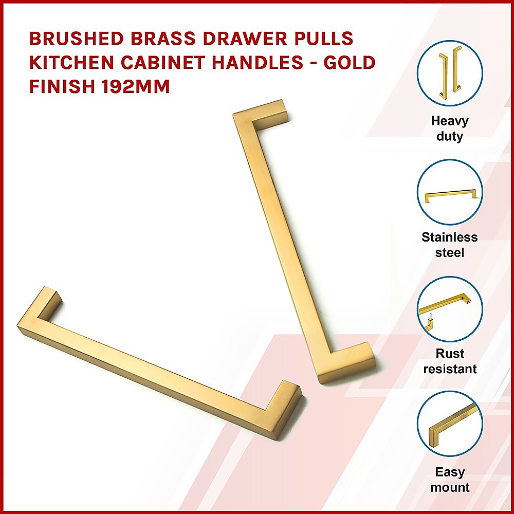 15 x Brushed Brass Drawer Pulls Kitchen Cabinet Handles - Gold Finish 192mm 3