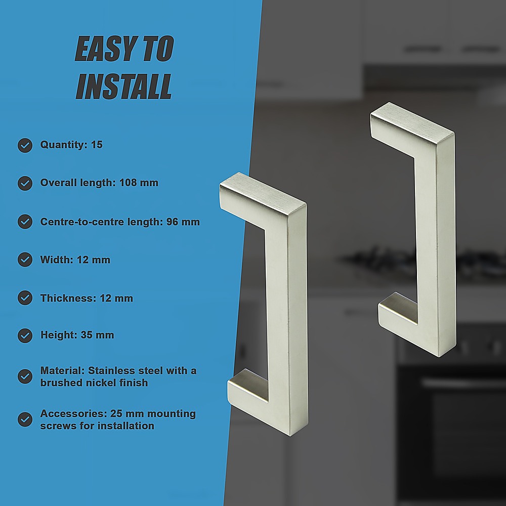 Brushed Nickel Stainless Steel Kitchen Cabinet Square Drawer Pull Door Handles 15-Pack 11