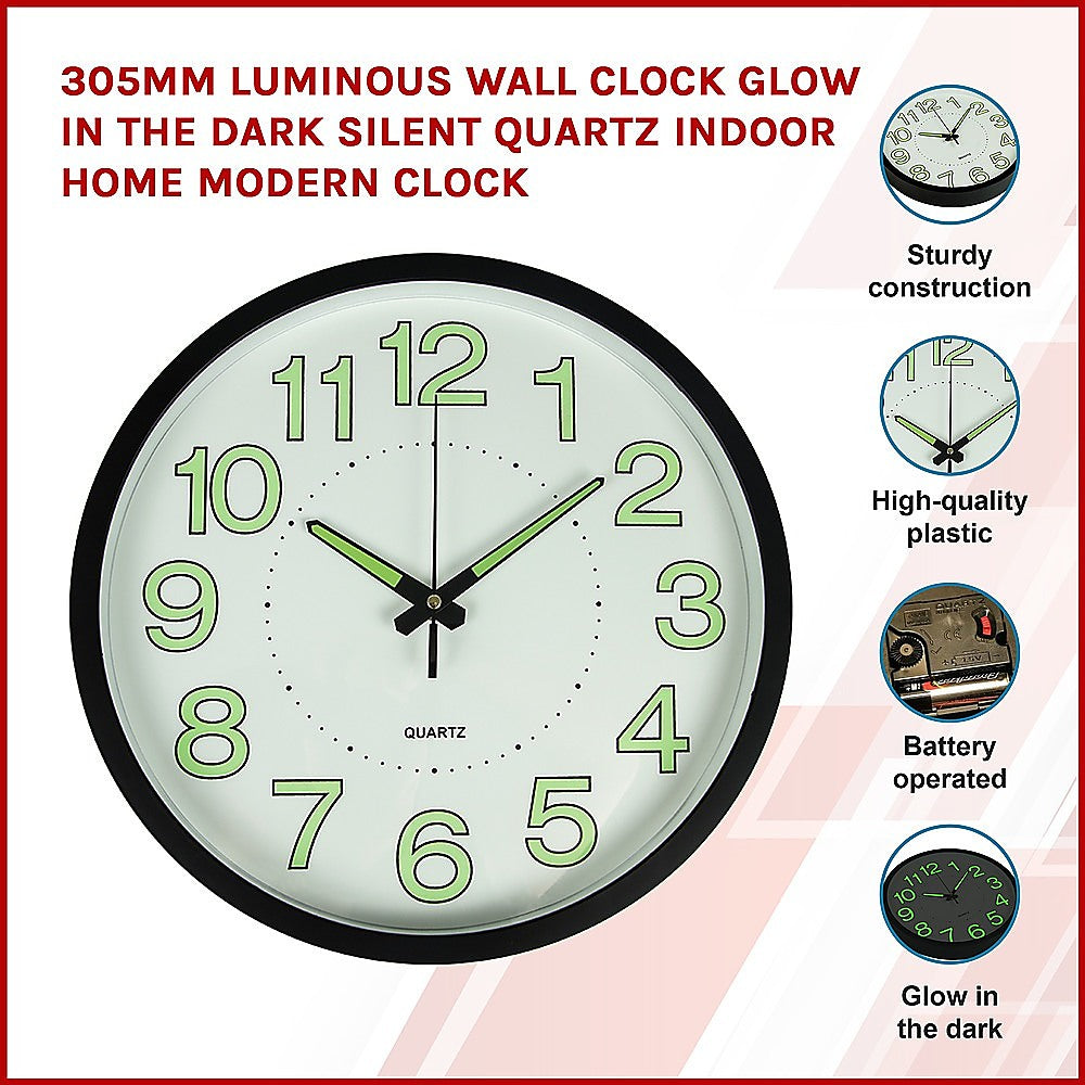305mm Luminous Wall Clock Glow In The Dark Silent Quartz Indoor Home Modern Clock 4