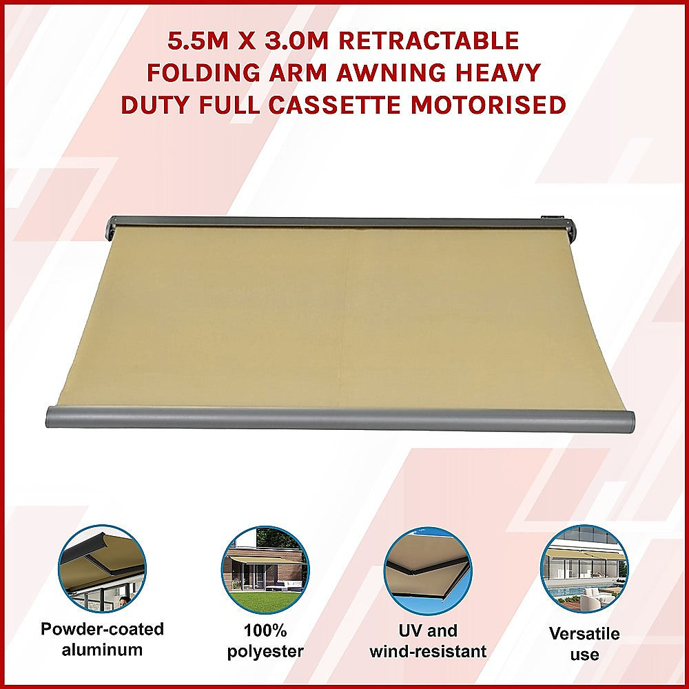 5.5m x 3.0m Retractable Folding Arm Awning Heavy Duty Full Cassette Motorised 3