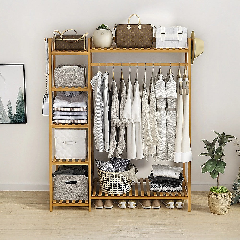 Portable Clothes Rack Coat Garment Stand Bamboo Rail Hanger Airer Closet 8