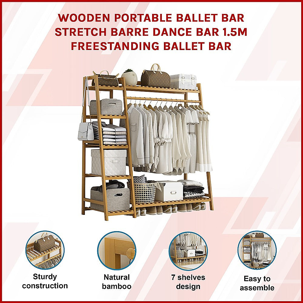 Portable Clothes Rack Coat Garment Stand Bamboo Rail Hanger Airer Closet 3