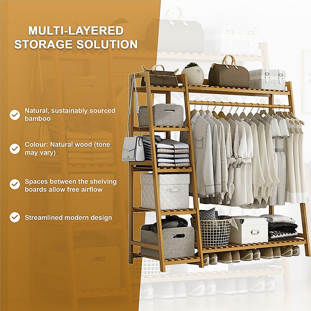 Portable Clothes Rack Coat Garment Stand Bamboo Rail Hanger Airer Closet 6