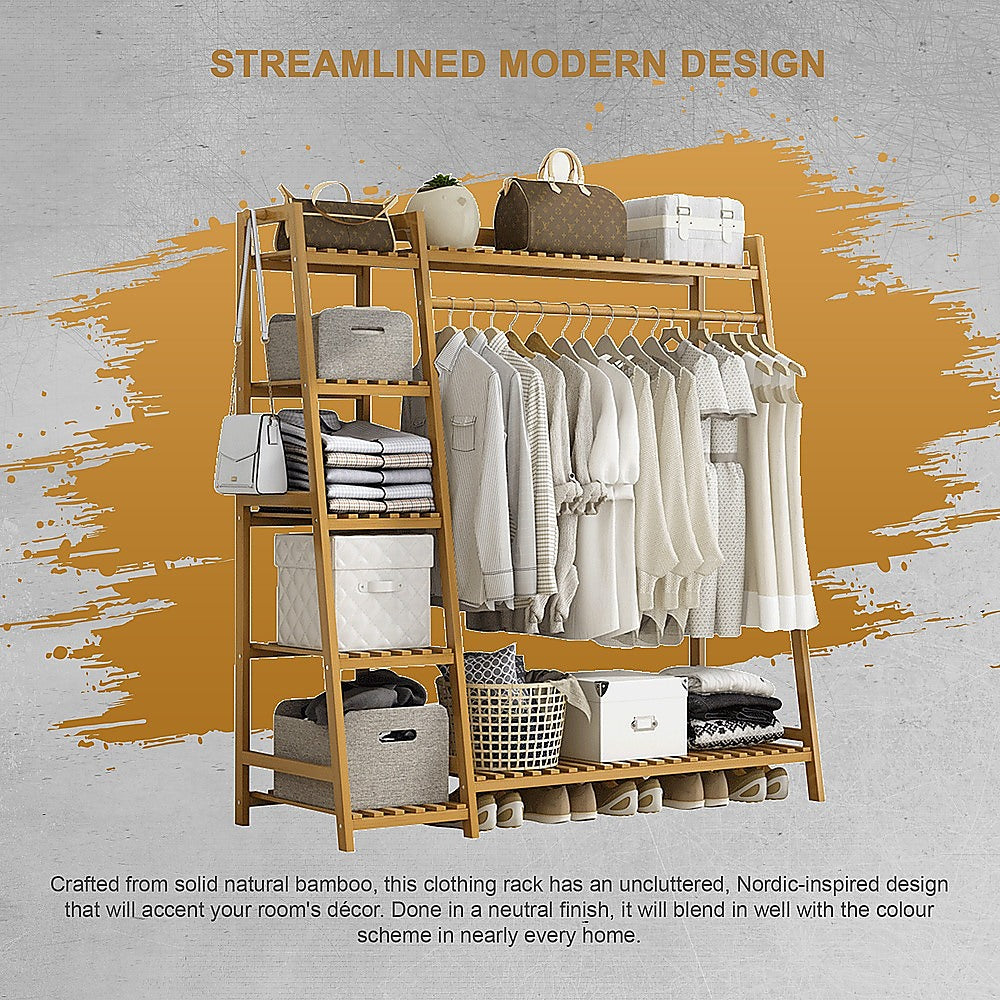 Portable Clothes Rack Coat Garment Stand Bamboo Rail Hanger Airer Closet 9