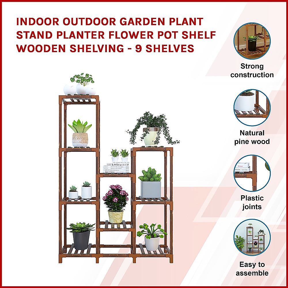Indoor Outdoor Garden Plant Stand Planter Flower Pot Shelf Wooden Shelving - 9 Shelves 3