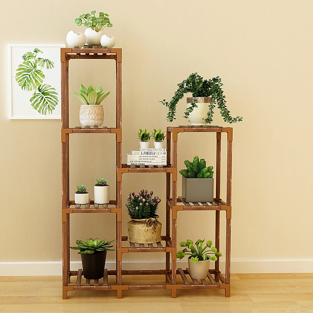 Indoor Outdoor Garden Plant Stand Planter Flower Pot Shelf Wooden Shelving - 9 Shelves 4