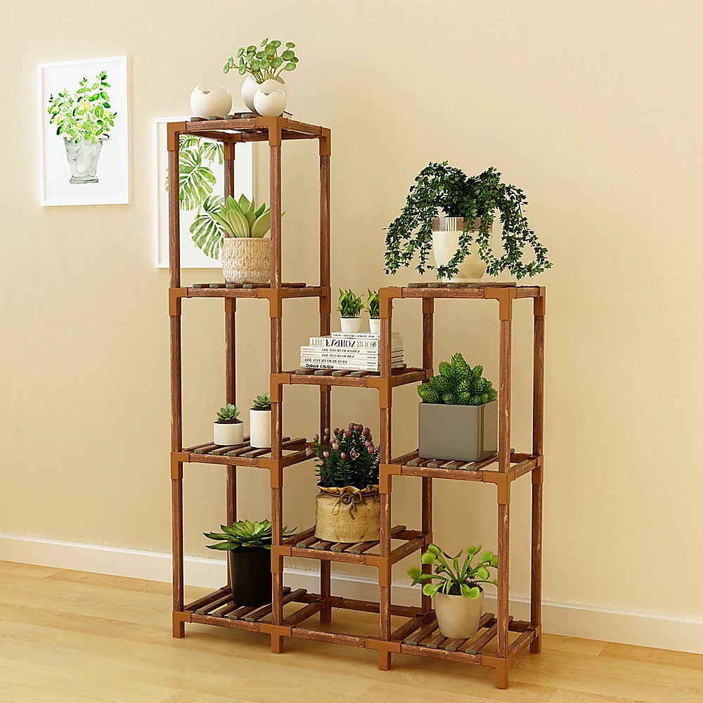 Indoor Outdoor Garden Plant Stand Planter Flower Pot Shelf Wooden Shelving - 9 Shelves 6