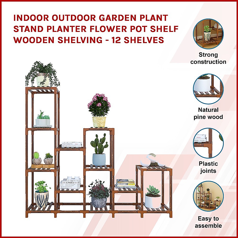 Indoor Outdoor Garden Plant Stand Planter Flower Pot Shelf Wooden Shelving - 12 Shelves 3