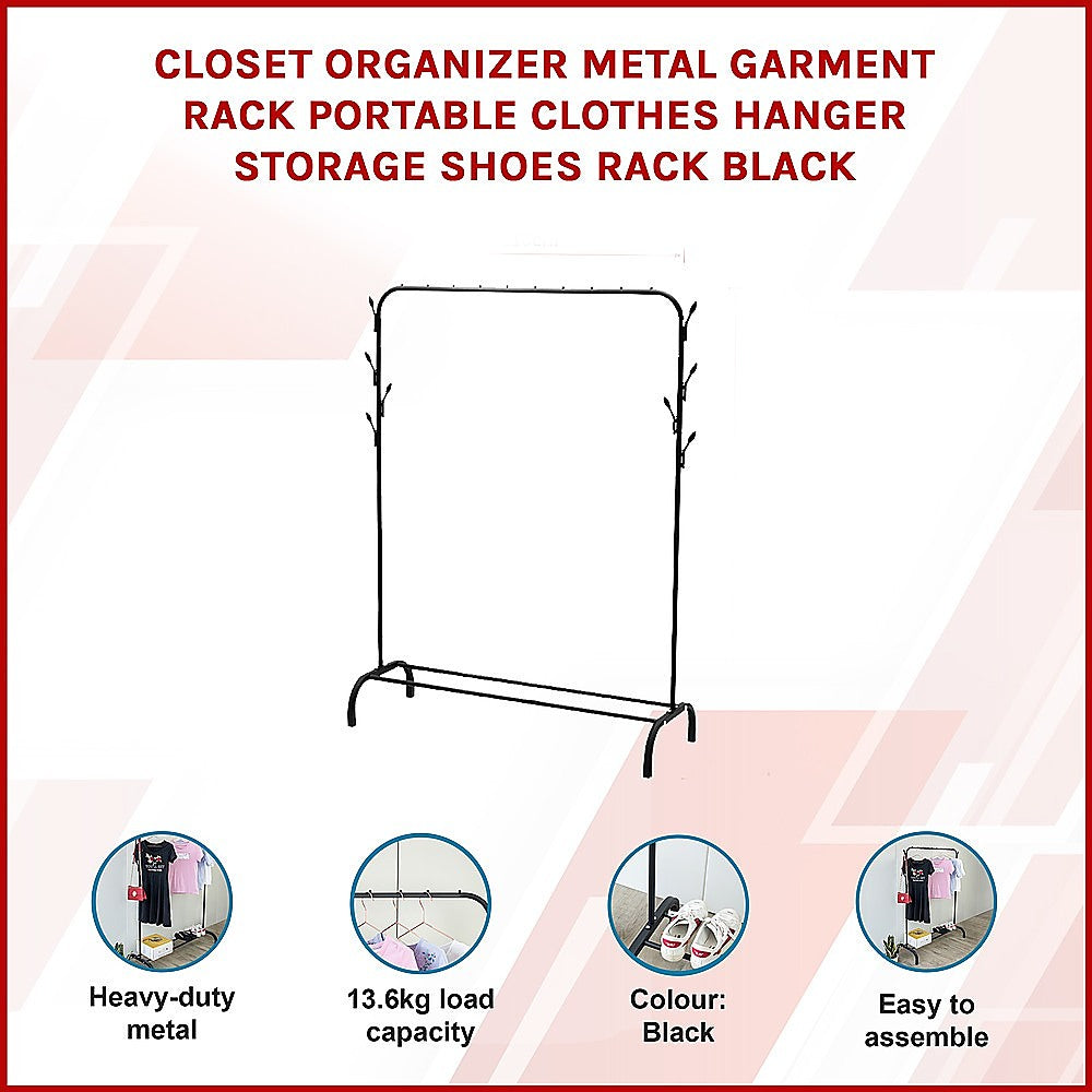 Closet Organizer Metal Garment Rack Portable Clothes Hanger Storage Shoes Rack Black 3