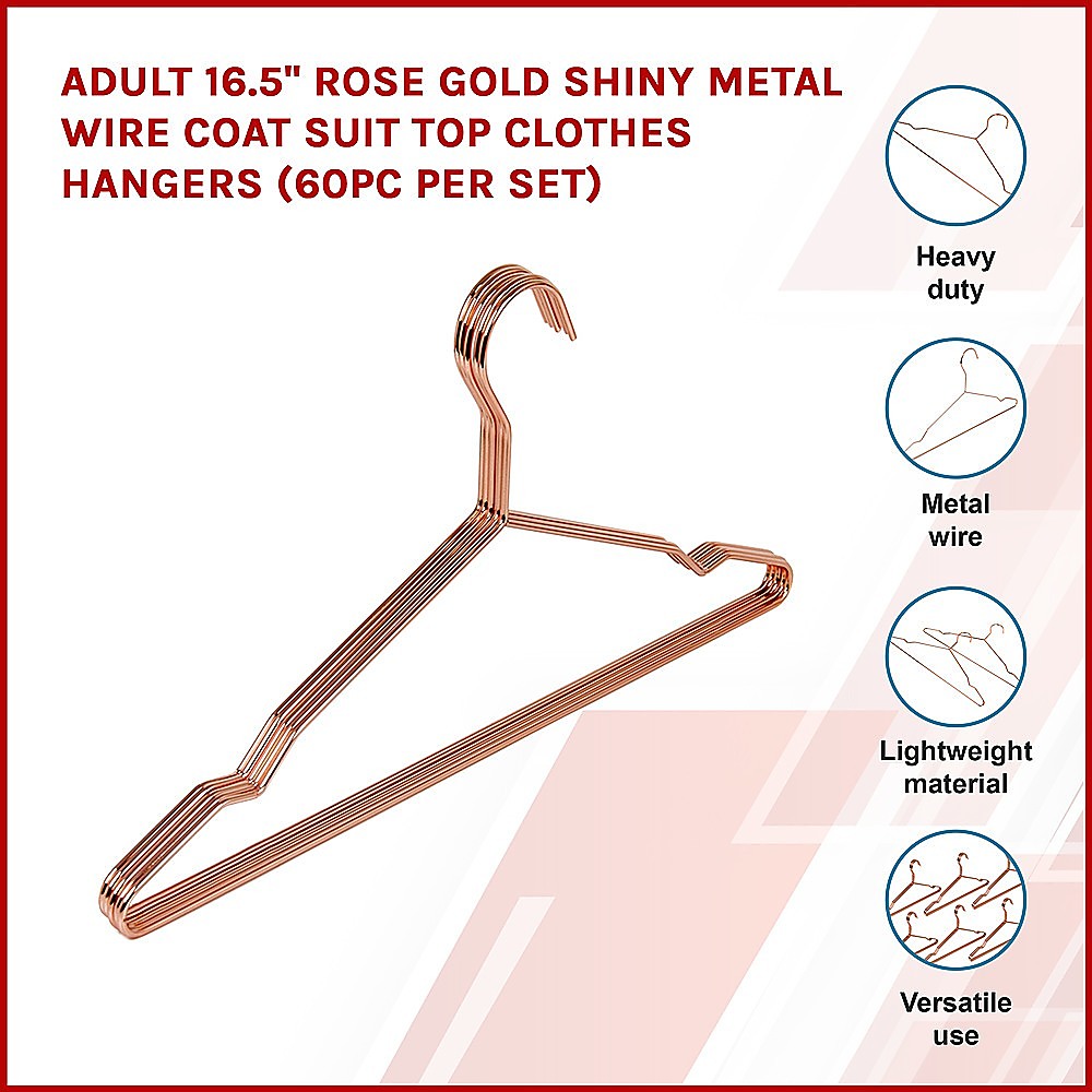 Adult 16.5" Rose Gold Shiny Metal Wire Coat Suit Top Clothes Hangers (60pc per set) 3