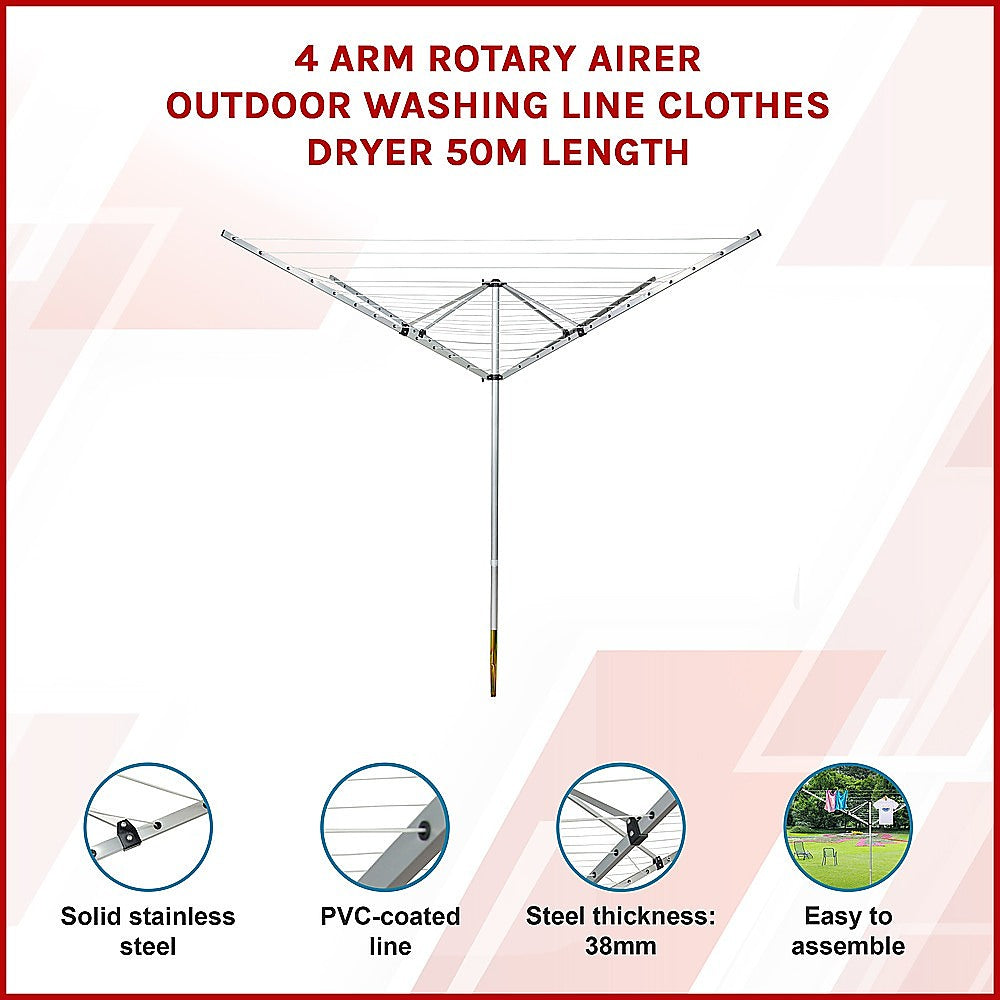 4 Arm Rotary Airer Outdoor Washing Line Clothes Dryer 50m Length 3