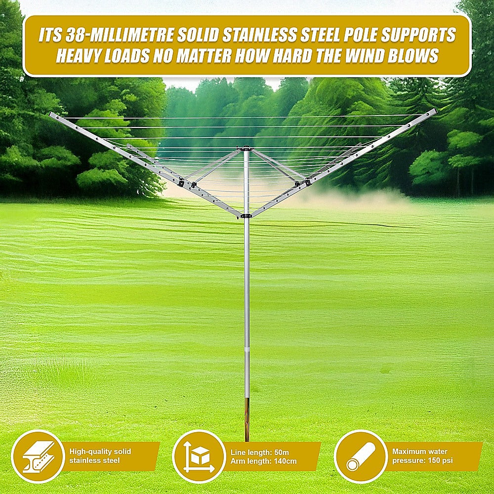 4 Arm Rotary Airer Outdoor Washing Line Clothes Dryer 50m Length 10