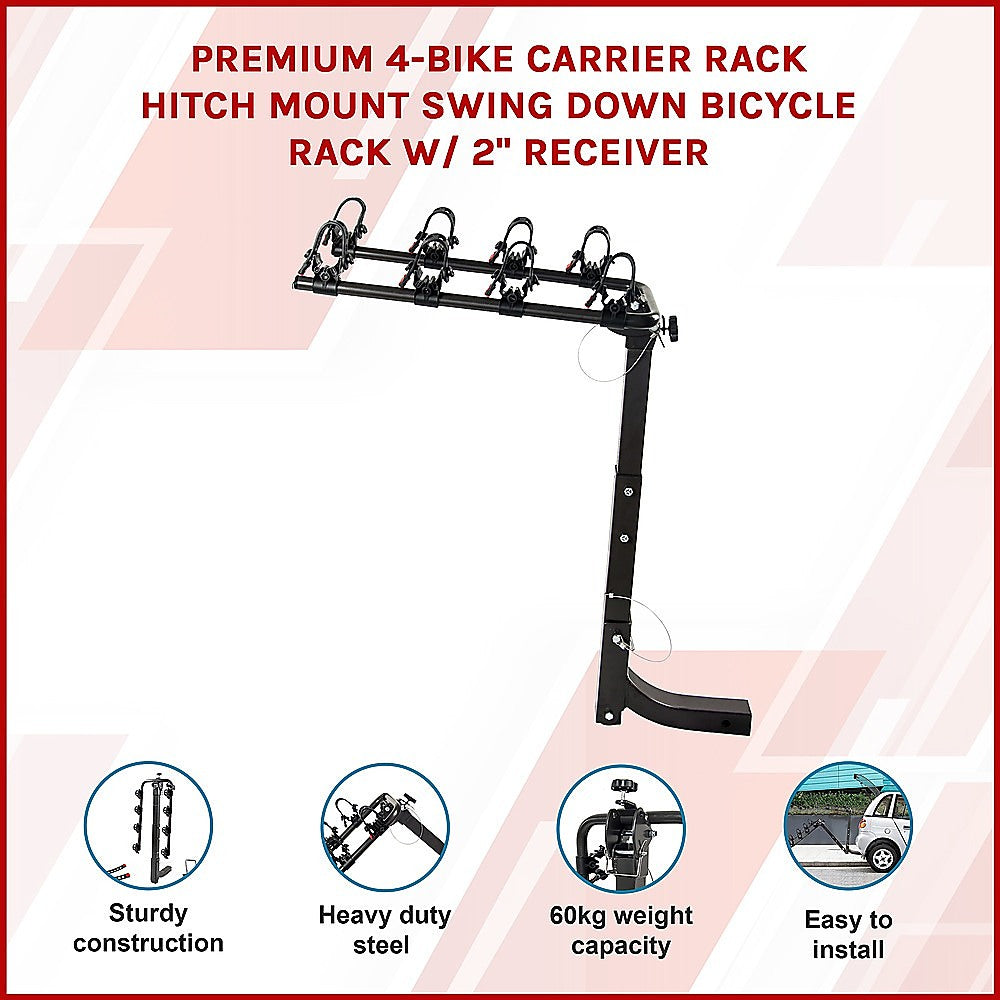 Premium 4-Bike Carrier Rack Hitch Mount Swing Down Bicycle Rack W/ 2" Receiver 3