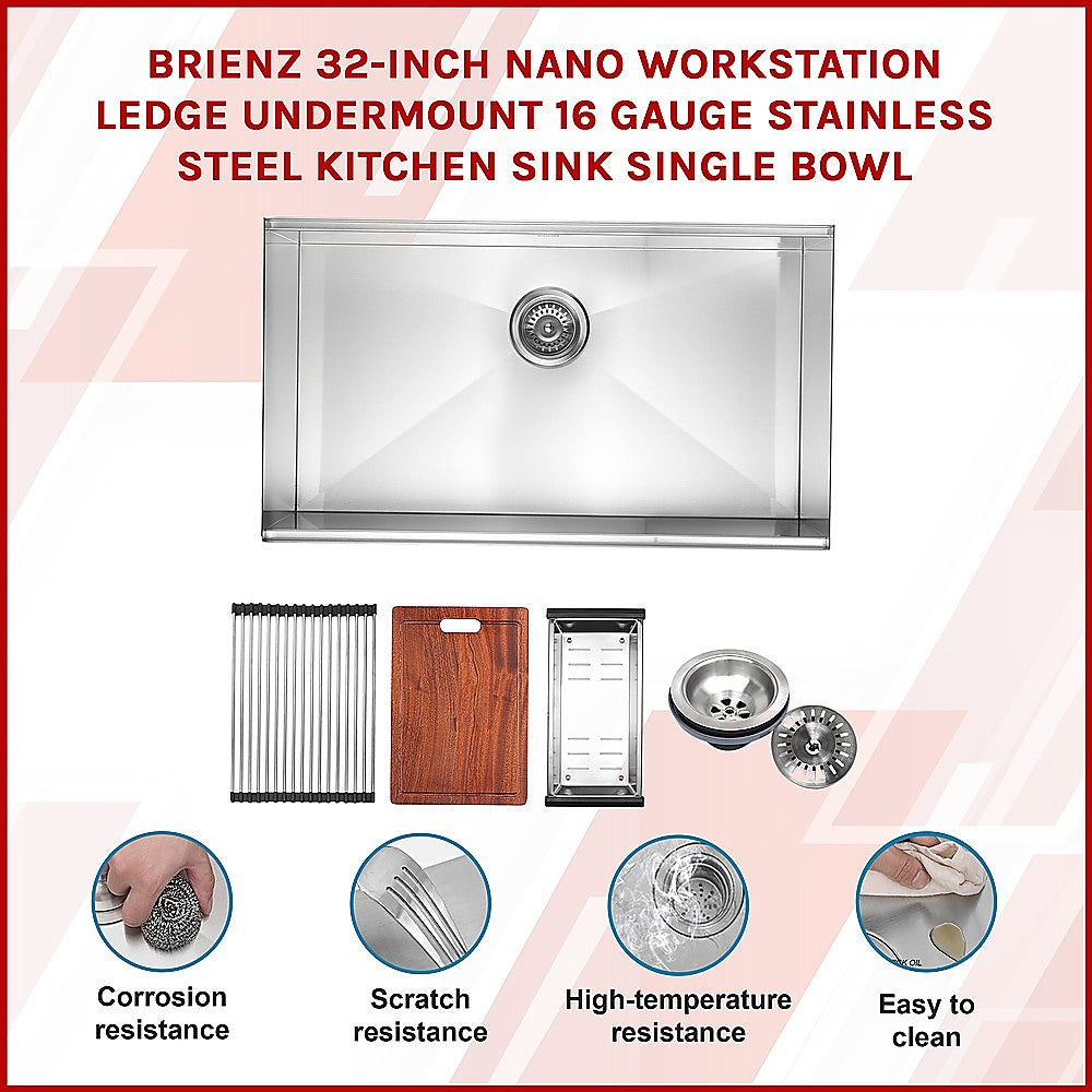 BRIENZ 32-inch Nano Workstation Ledge Undermount 16 Gauge Stainless Steel Kitchen Sink Single Bowl 3
