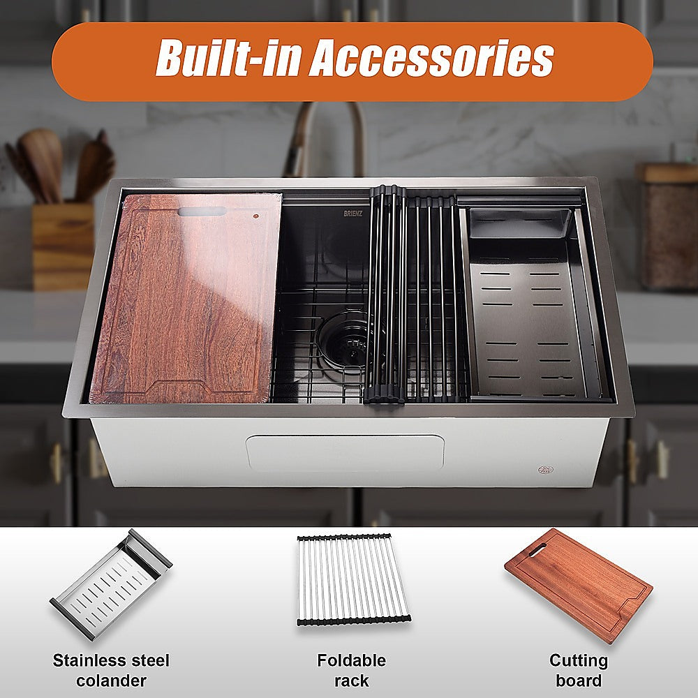 BRIENZ 32-inch Nano Workstation Ledge Undermount 16 Gauge Stainless Steel Kitchen Sink Single Bowl 7