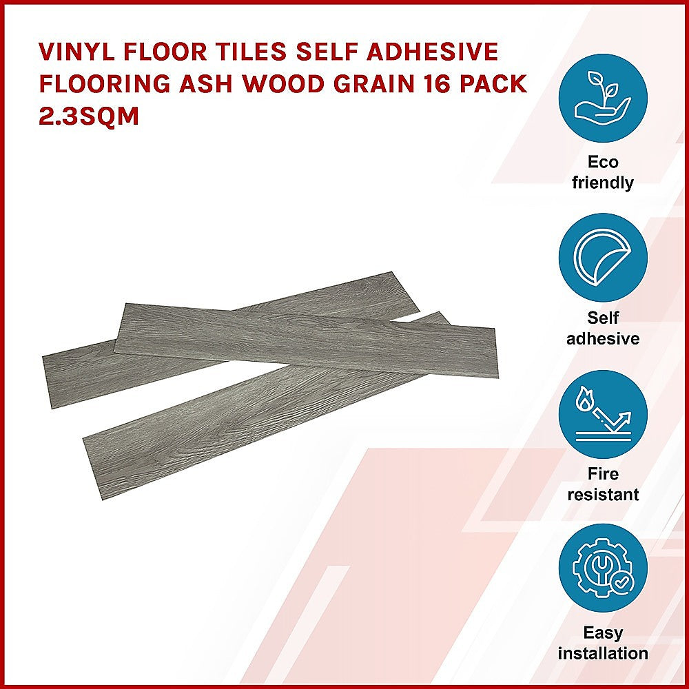 Vinyl Floor Tiles Self Adhesive Flooring Ash Wood Grain 16 Pack 2.3SQM 3