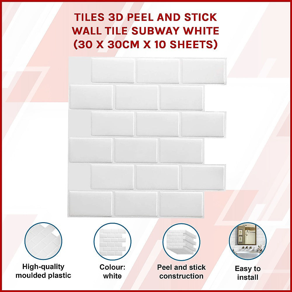 Tiles 3D Peel and Stick Wall Tile Subway White (30 x 30cm x 10 sheets) 3