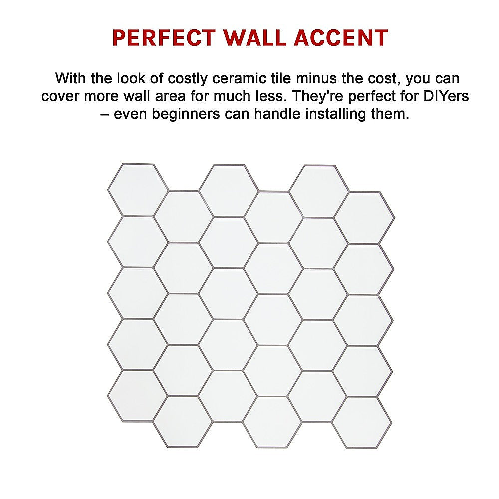 Tiles 3D Peel and Stick Wall Tile Hexagon White (30cm x 30cm x 10 sheets) 10