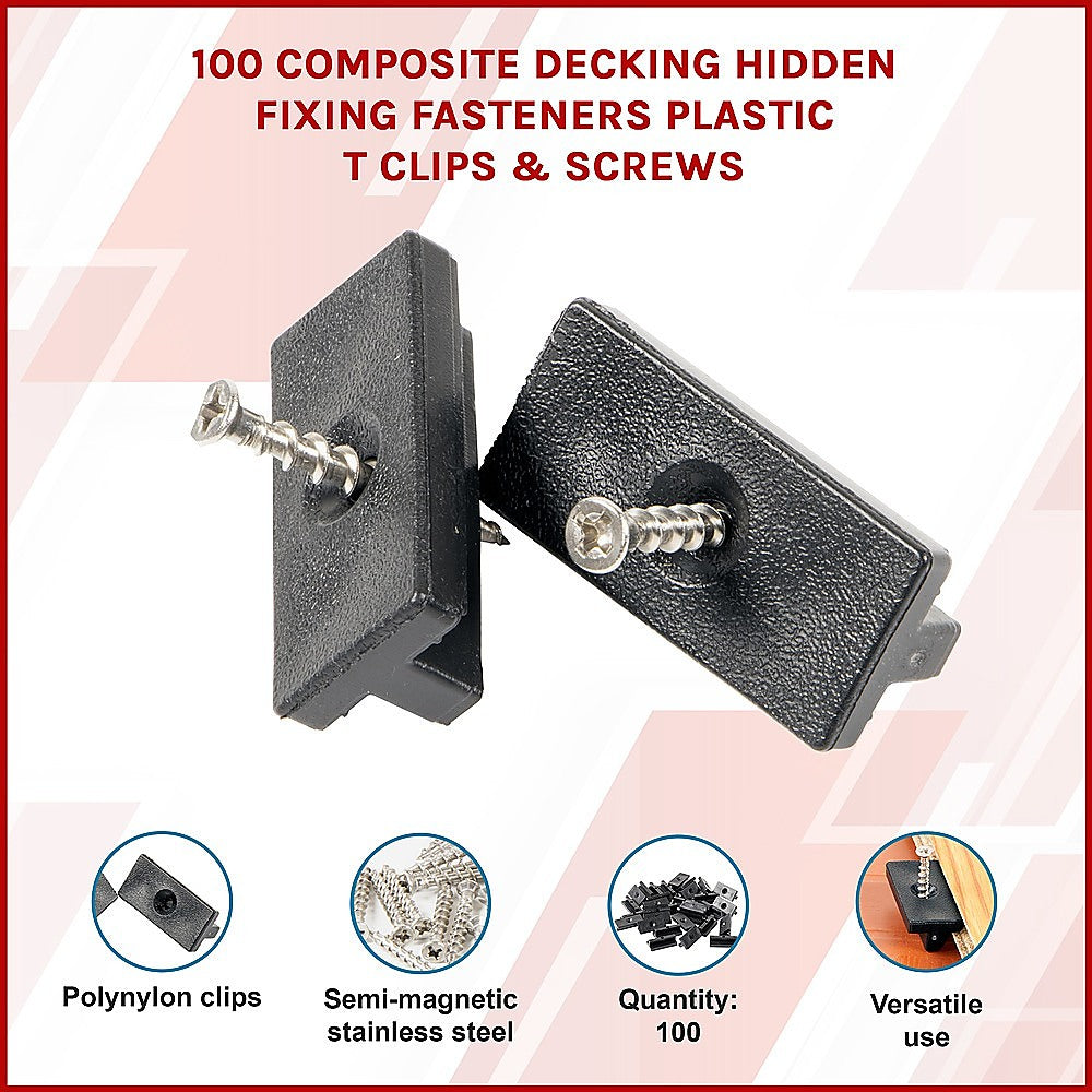100 Composite Decking Hidden Fixing Fasteners Plastic T Clips & Screws 3