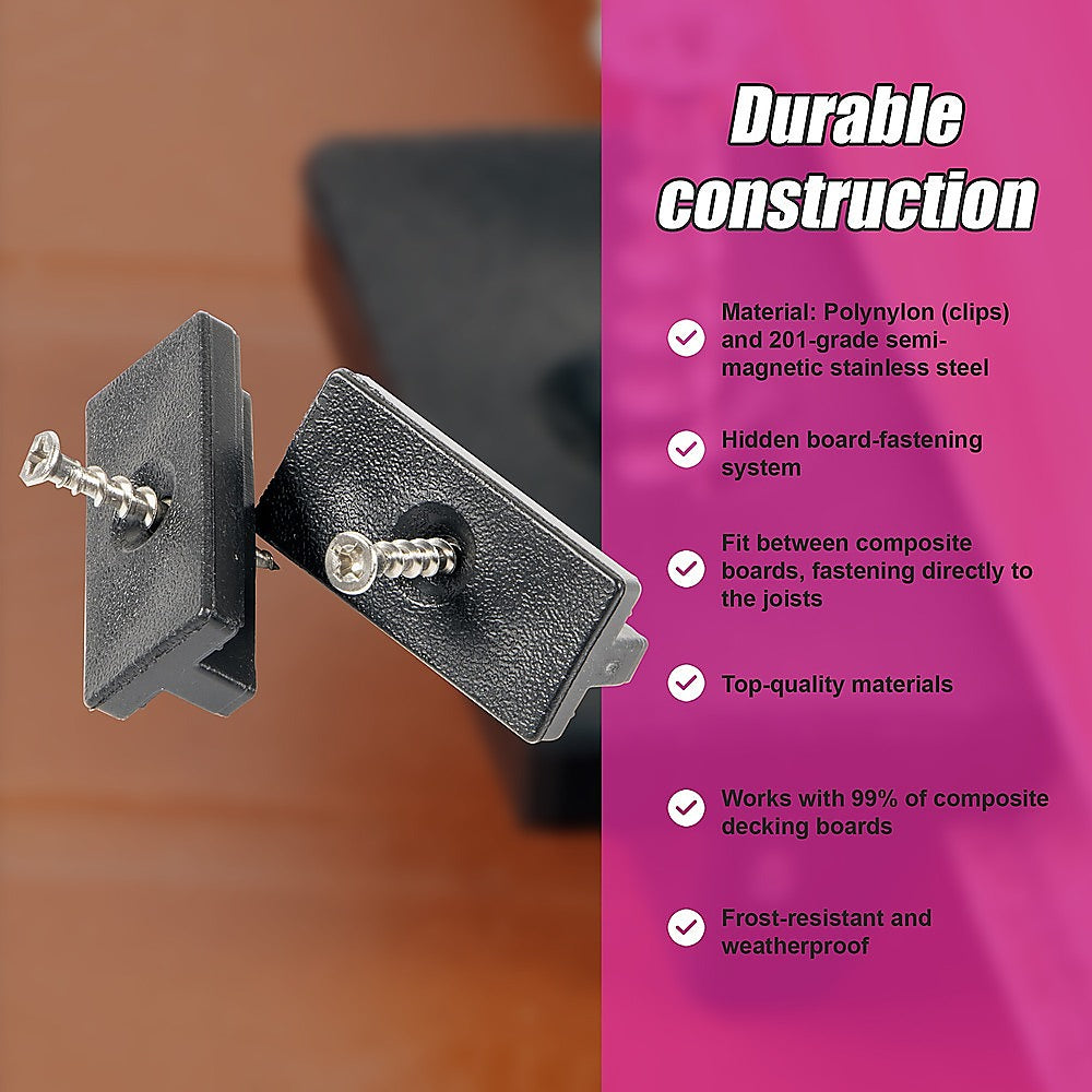 100 Composite Decking Hidden Fixing Fasteners Plastic T Clips & Screws 8